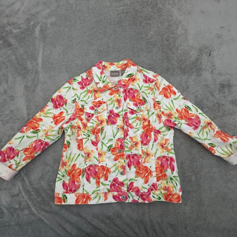 Chico's White Floral Jacket with Pink & Orange Tulips
